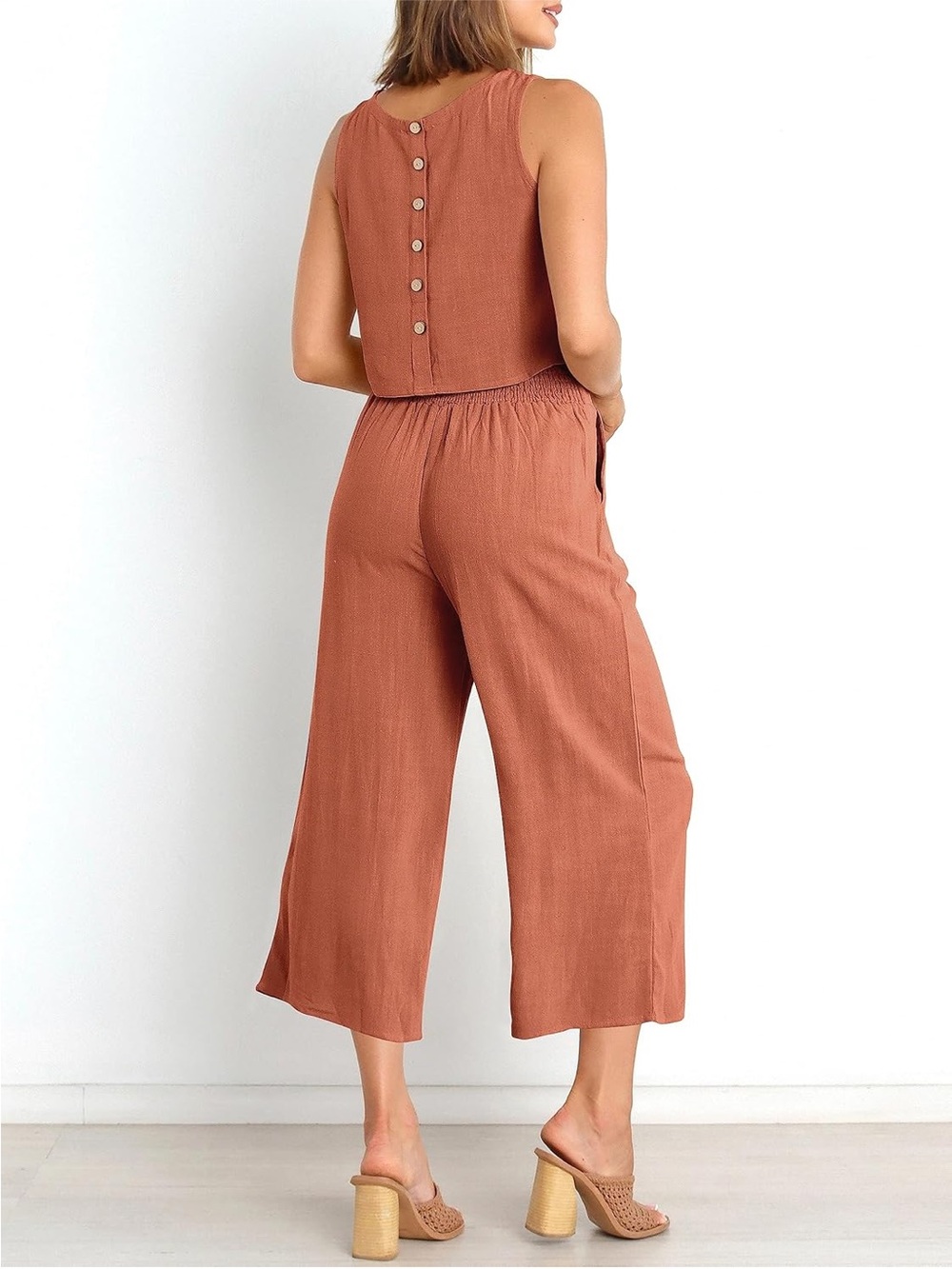 Terracotta Linen Button-Back Tank and Wide Leg Pant Set - Picture 3 of 16
